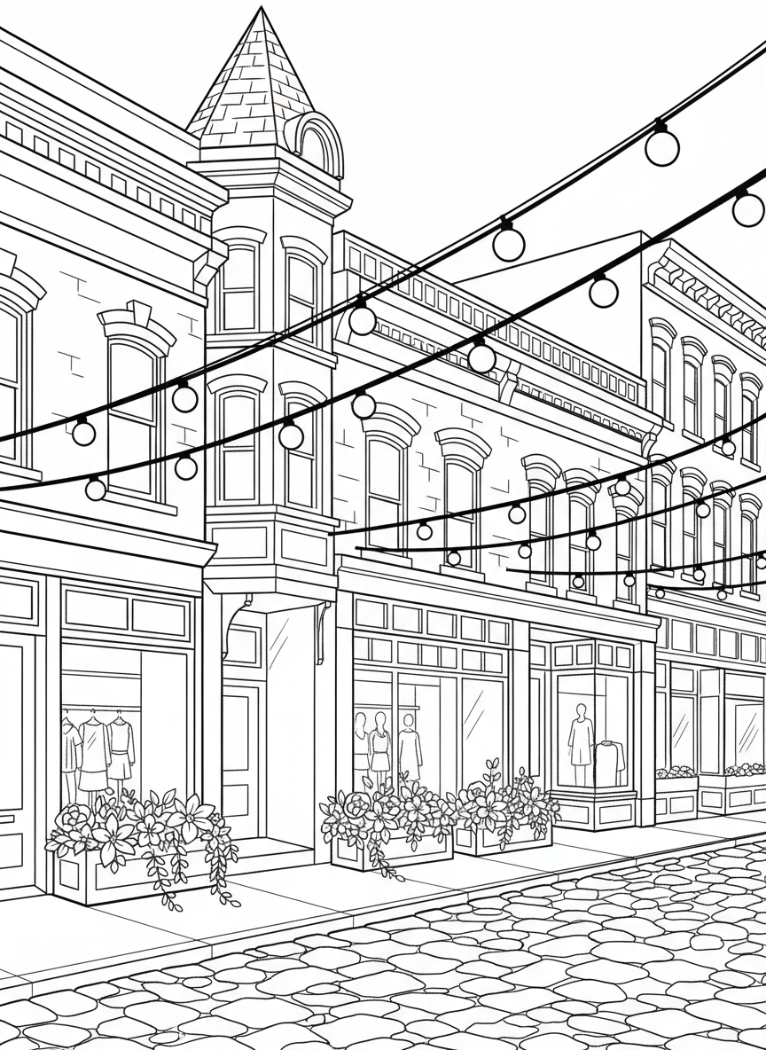 Larimer Square's historic Victorian buildings decorated with string lights, shop windows, and flower boxes, charming street scene.