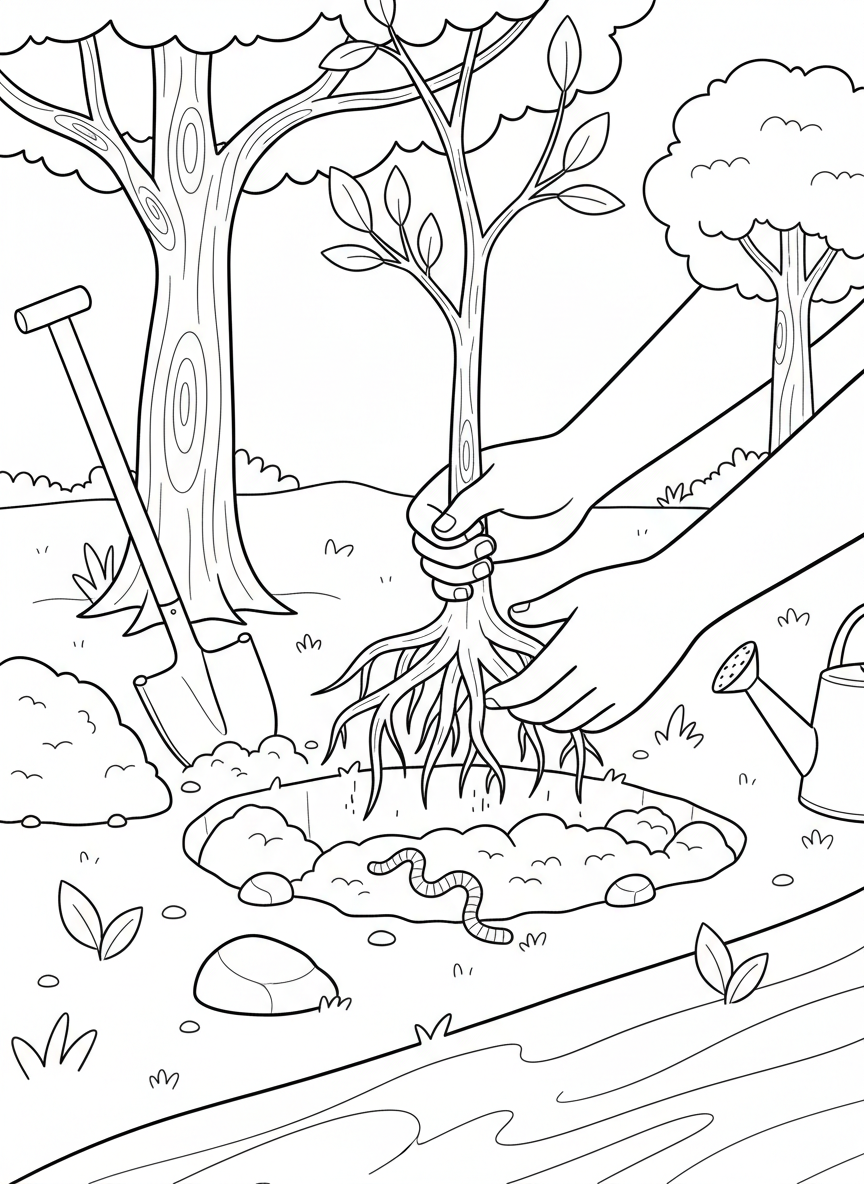 Arbor Day coloring page prompts focused on tree planting, growth, and long-term environmental stewardship.	A close-up of roots being carefully lowered into the ground.