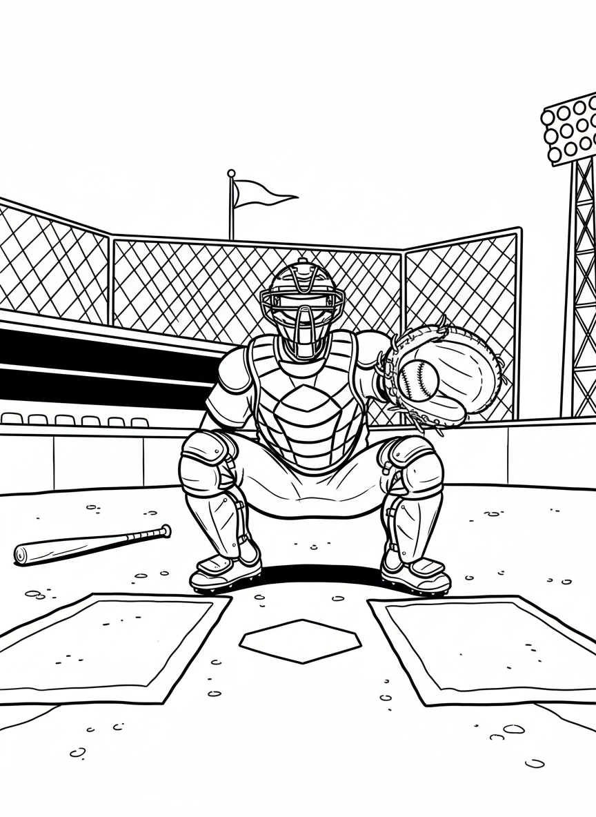 Home plate with a catcher in full gear crouching, ready to catch, detailed equipment including mask, chest protector, and mitt.