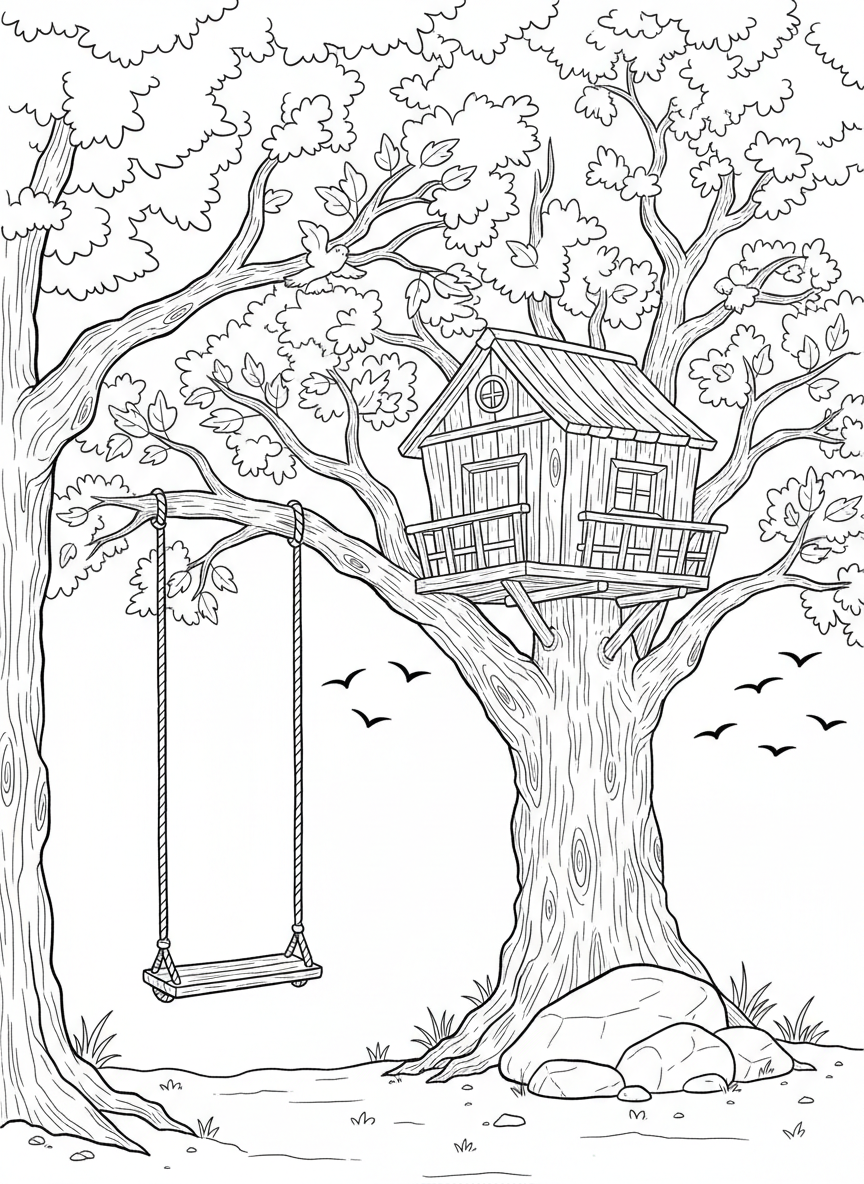 A treehouse with a long rope swing hanging from a sturdy branch, surrounded by leaves and birds flying nearby.