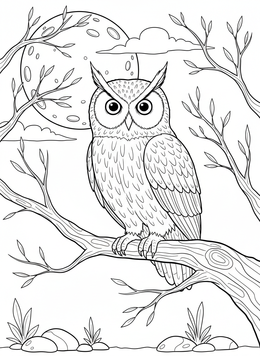 A long-eared owl with prominent ear tufts sitting alert on a branch, with a full moon behind it.