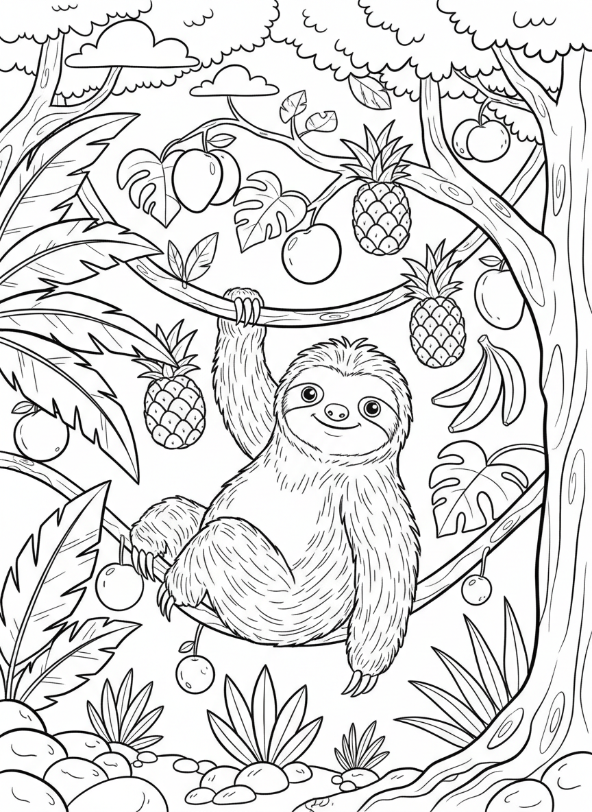 A playful sloth swinging from a vine with one arm, tropical fruits hanging from nearby branches