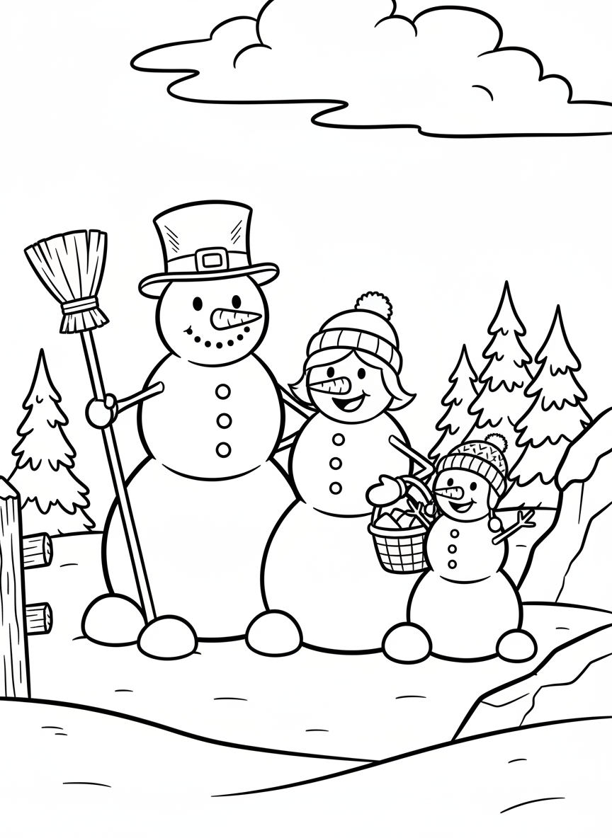 A friendly snowman family with a tall father, mother, and small child snowman, each wearing different hats