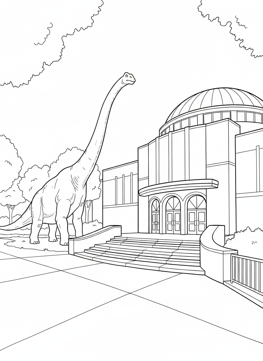 The Children's Museum of Indianapolis building exterior with a large dinosaur sculpture outside, welcoming entrance with steps.