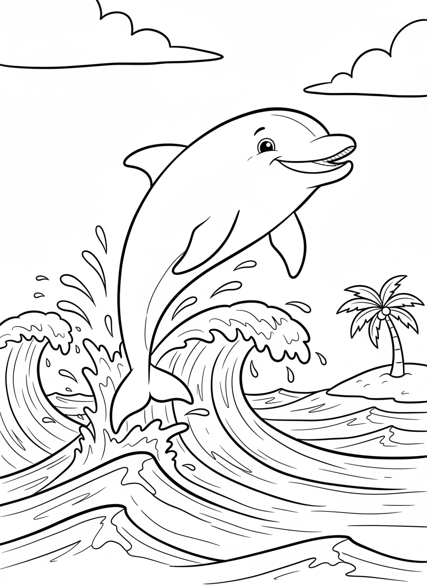 A cheerful dolphin jumping out of ocean waves with water splashing around it, simple line art for coloring