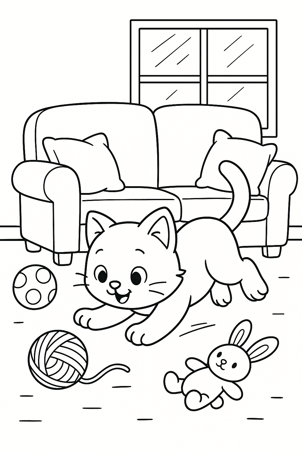 A small kitten chasing a yarn ball across a cozy living room, paws mid-jump, couch cushions behind, toys scattered around, sunlight coming through a window, and a cute, expressive children’s illustration.