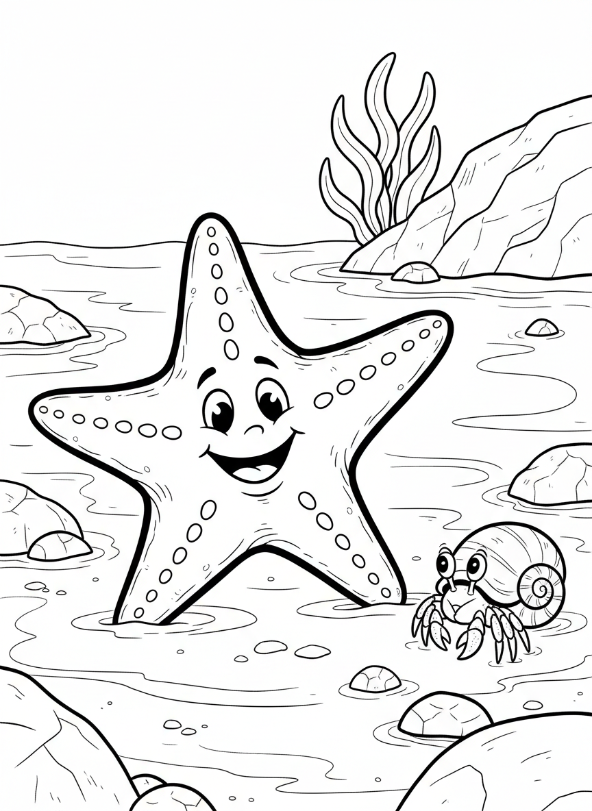 A cheerful starfish with a smiling face reaching one arm toward a small hermit crab peeking out of its shell near a tide pool.
