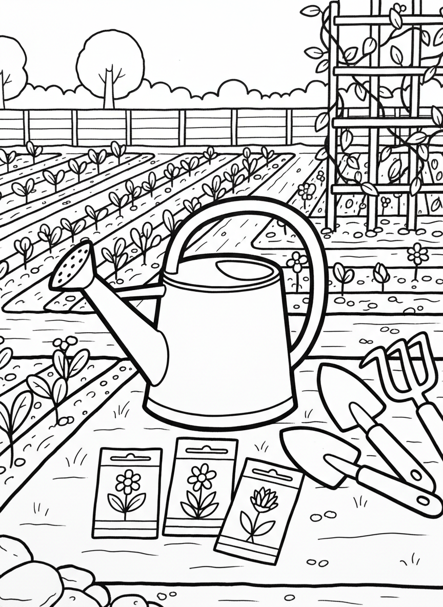 A garden scene with a watering can, gardening tools, seed packets, and rows of sprouting vegetables and flowers.