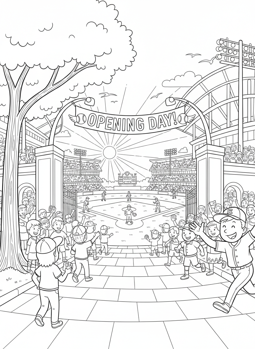 Baseball Opening Day coloring page prompts celebrating fresh starts, spring optimism, and the return of the game.	A ballpark coming to life on Opening Day, fans streaming through gates as spring sunshine lights the freshly cut grass.