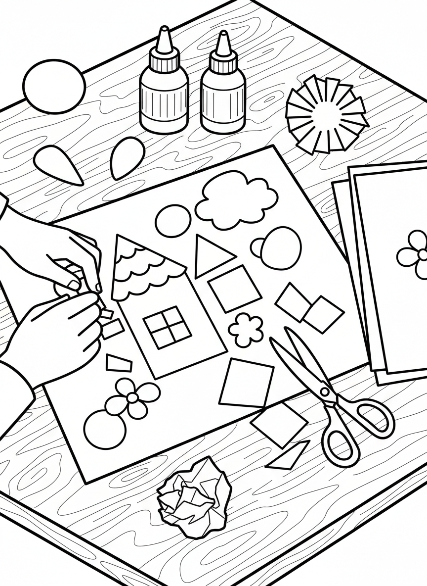 A craft table covered with paper, scissors, glue bottles, and colorful construction paper shapes being assembled into a fun collage project.