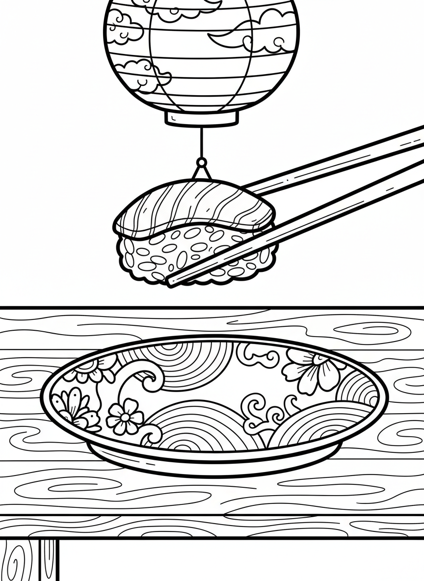 Two chopsticks holding a piece of sushi above a decorative plate, close-up view