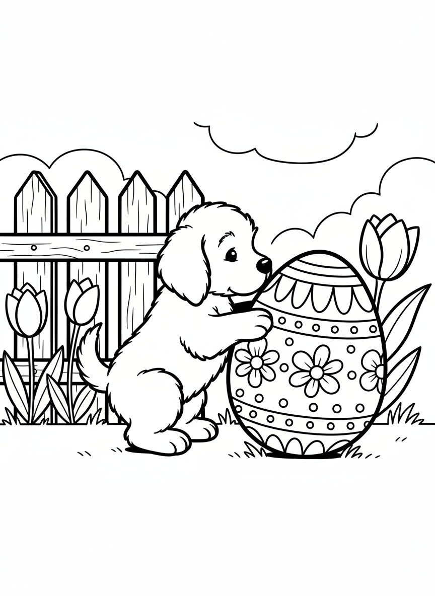 A playful puppy discovering a large decorated Easter egg next to a white picket fence with tulips blooming.