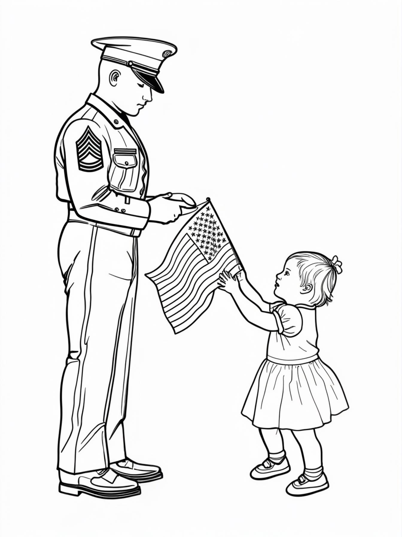 A Child Receiving a Folded Flag A side-view of a uniformed service member, shown only from the waist down (crisp trousers and polished shoes), kneeling. They are carefully handing a perfectly triangle-folded American flag to a small child, who is reaching out with both hands to accept it.