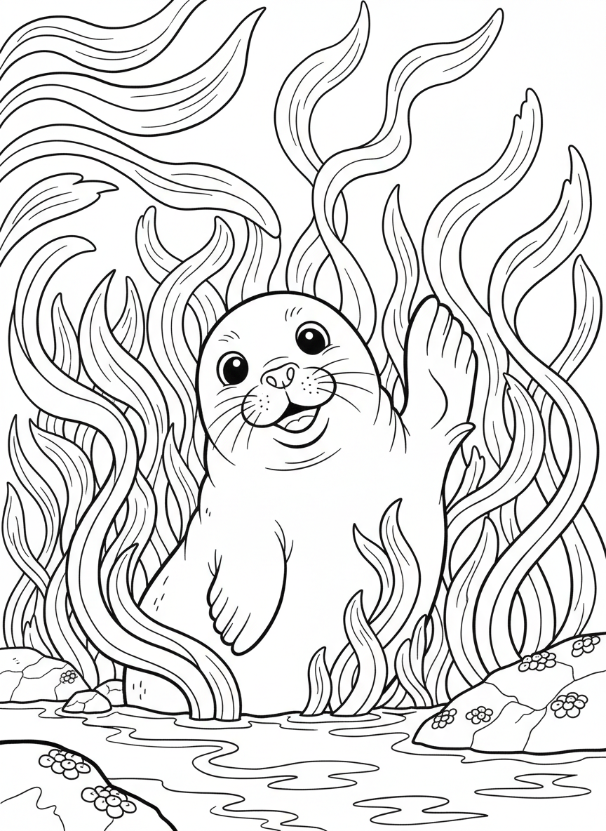 A playful harbor seal hiding behind thick kelp stalks playing peek-a-boo, fun action pose