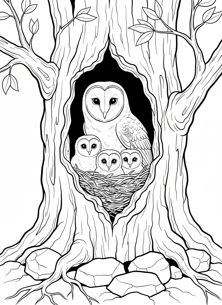 A barn owl family in a hollow tree trunk, with baby owlets peeking out from the nest.