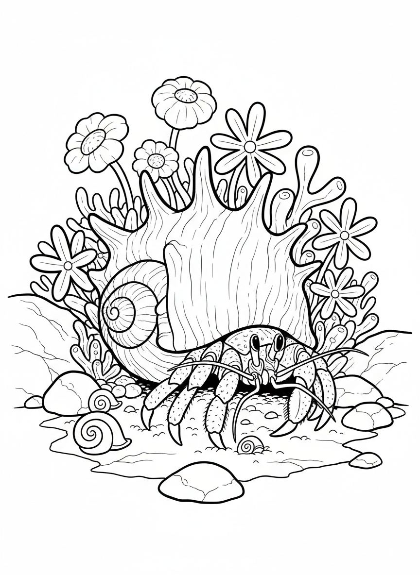 A hermit crab with a spiky conch shell home, surrounded by tide pool flowers and small snails on the rocks.