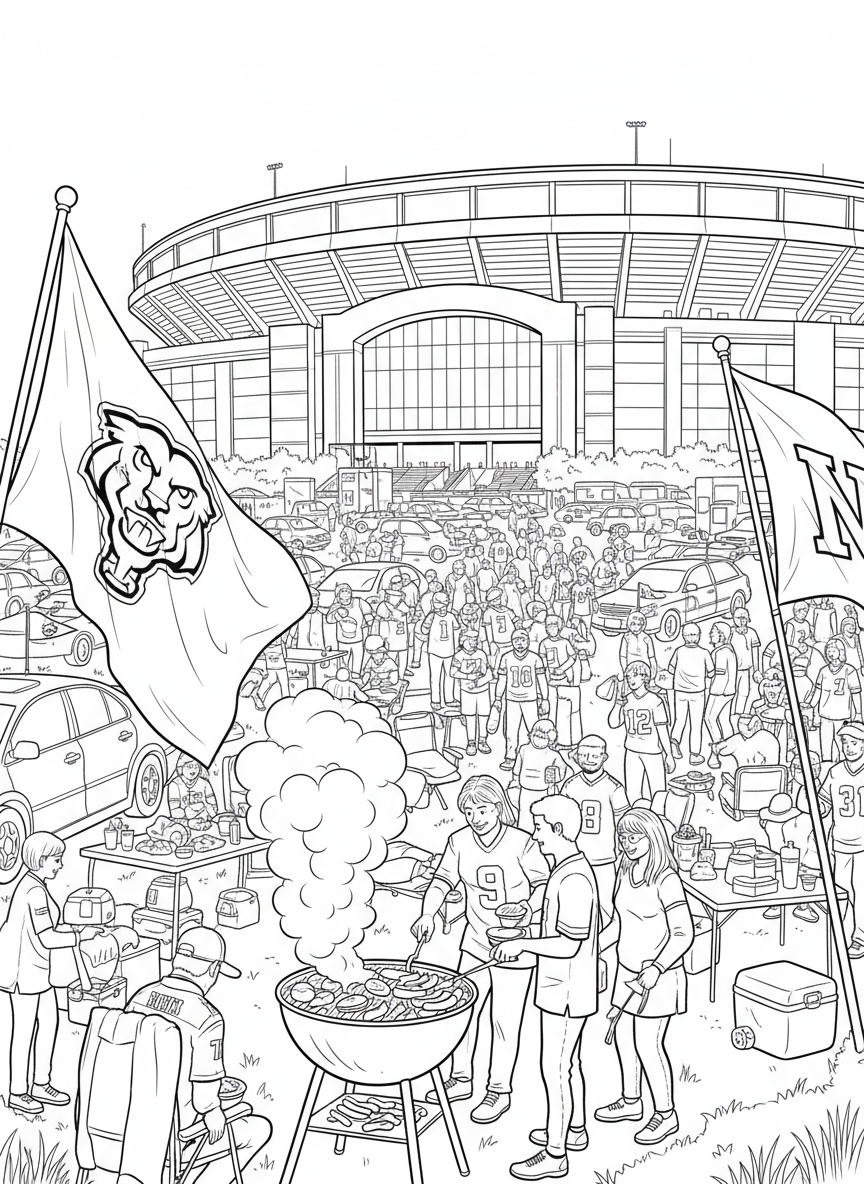 NFL Kickoff coloring page prompts capturing the start of football season, anticipation, tailgates, and opening-week excitement.	Tailgaters gathered outside the stadium, grills smoking and team flags waving before game time.