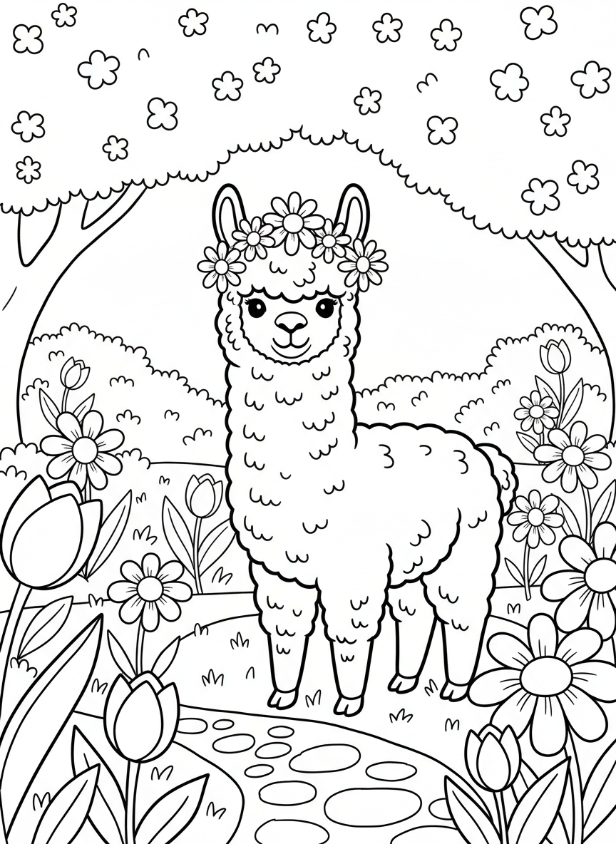 An alpaca wearing a flower crown, surrounded by simple daisies and tulips in a spring garden setting.