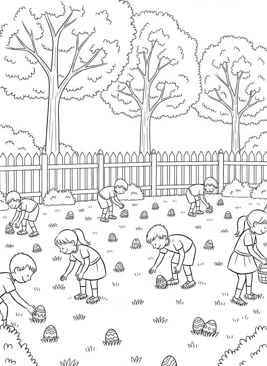 Children having an Easter egg hunt in a backyard with a white picket fence, trees, and eggs hidden in the grass