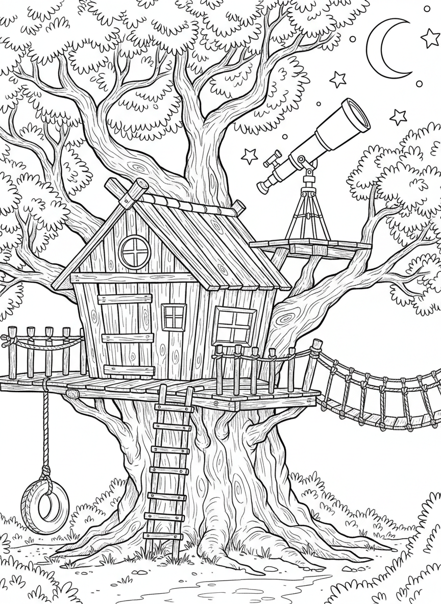 A multi-level treehouse with a tire swing, rope bridge connecting two platforms, and a telescope pointing at the stars.