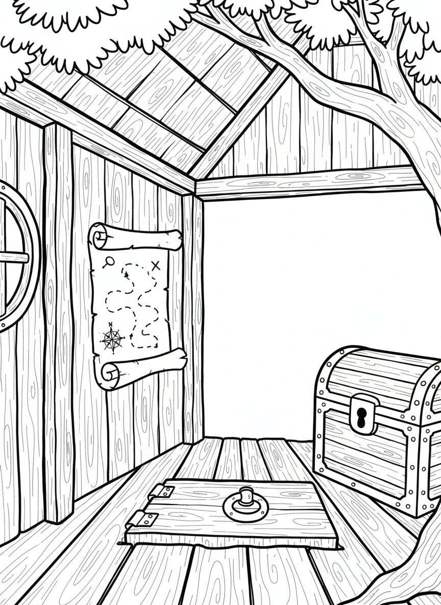 Treehouse with a secret trapdoor in the floor, a treasure chest in the corner, and a map pinned to the wall inside.