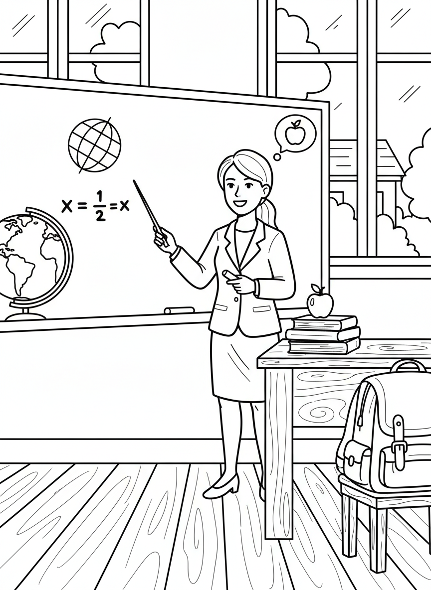 A teacher at a chalkboard with books and an apple on the desk, representing educators as we approach back-to-school season.