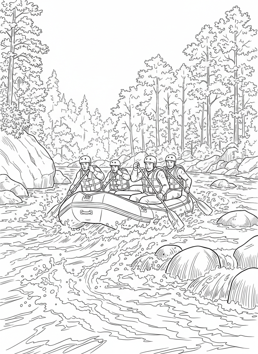 A whitewater raft filled with adventurers wearing life jackets, paddling through foaming rapids with trees along the riverbank.