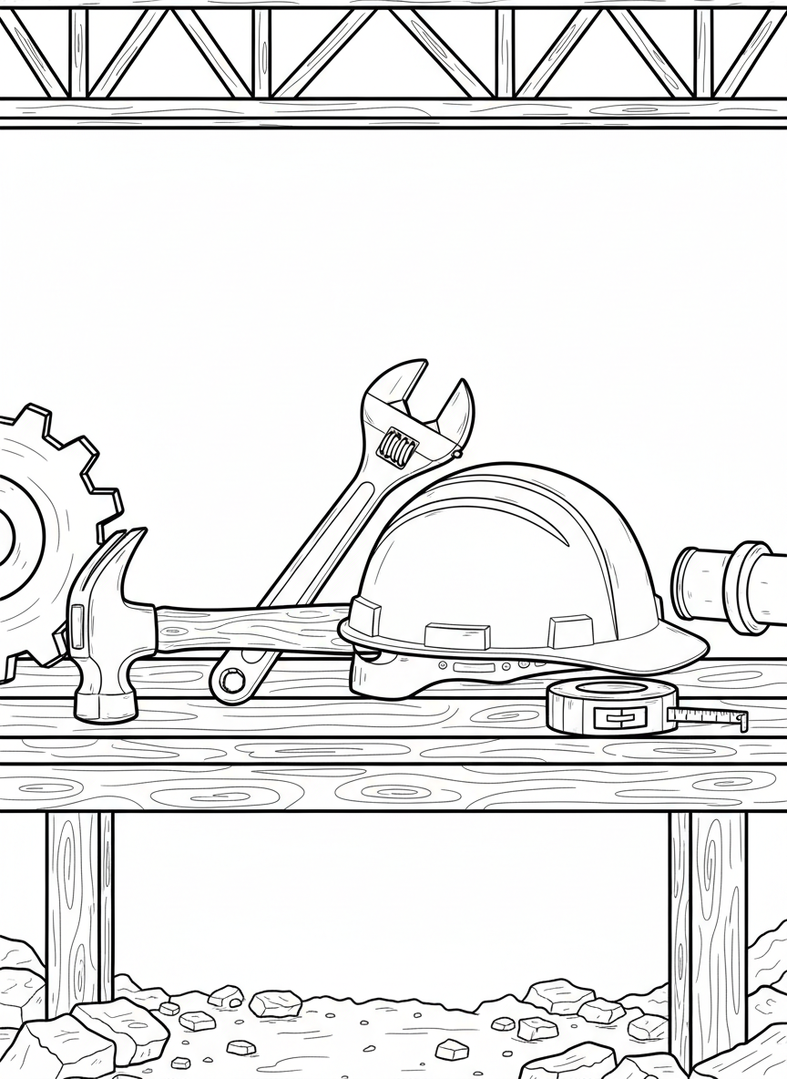 A construction site tool collection including a hammer, wrench, hard hat, and measuring tape arranged in a display.