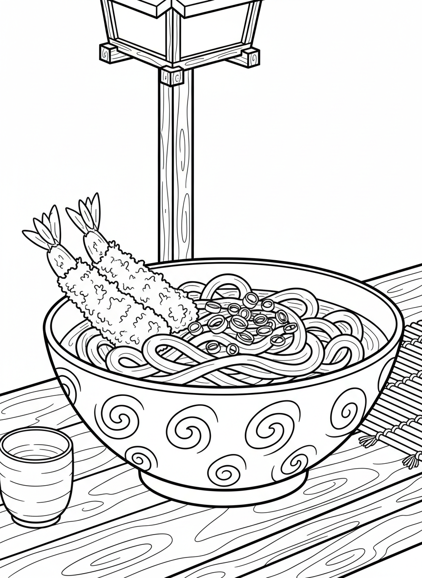 A bowl of udon noodles with tempura shrimp on the side and green onions sprinkled on top