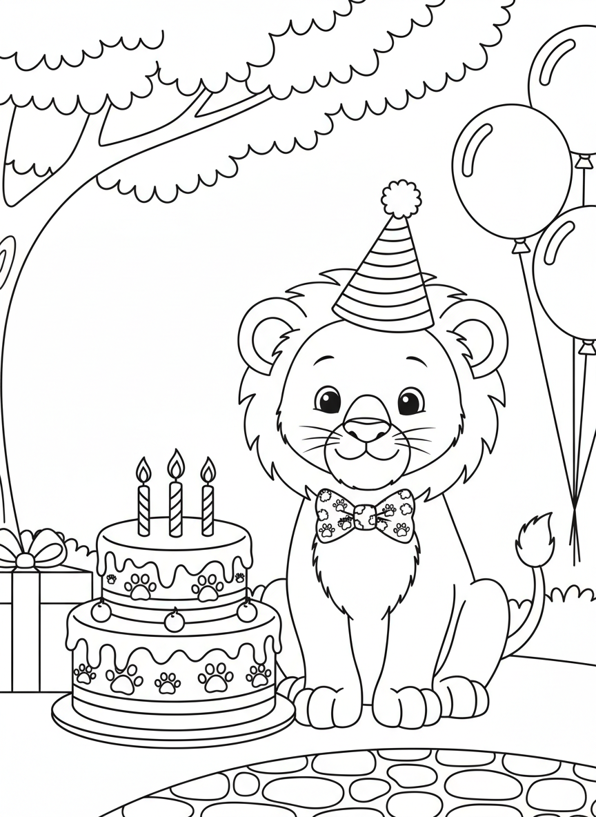 A friendly lion cub wearing a bow tie and party hat, sitting beside a birthday cake with paw print decorations.