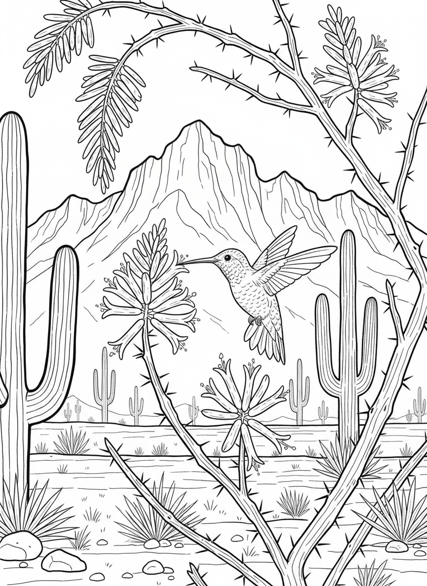 A hummingbird hovering near blooming ocotillo flowers with desert mountains and cacti in the background