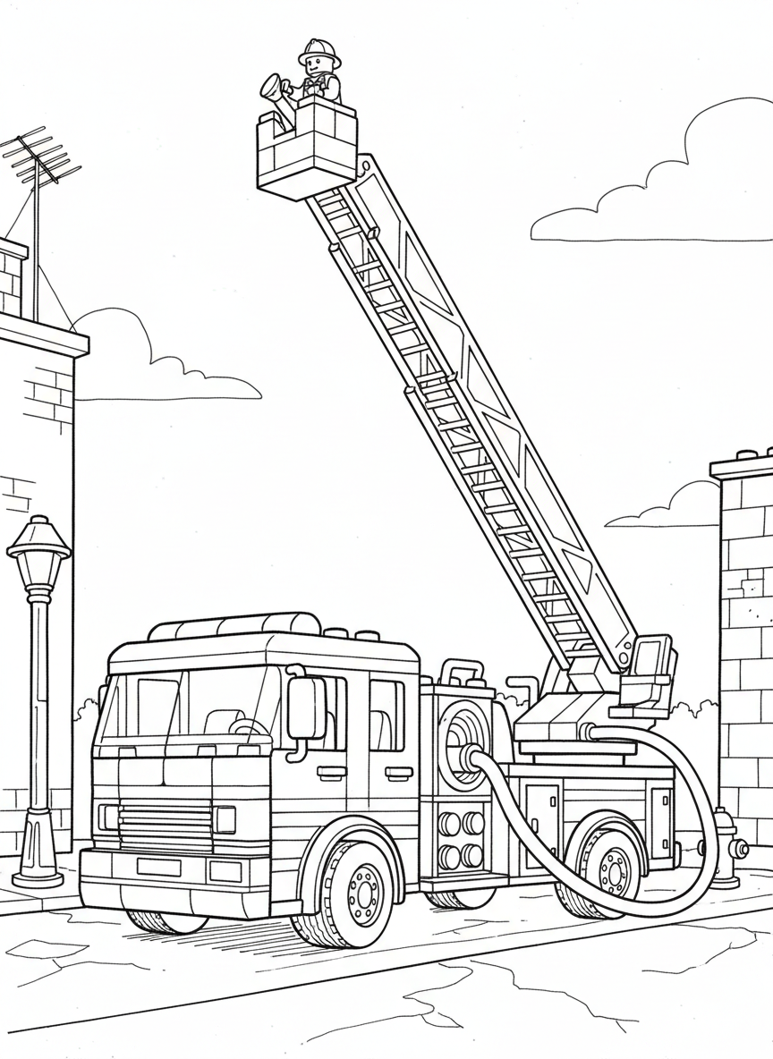 A toy brick fire truck with ladder extended, hose, and firefighter minifigure, ready for an emergency rescue.