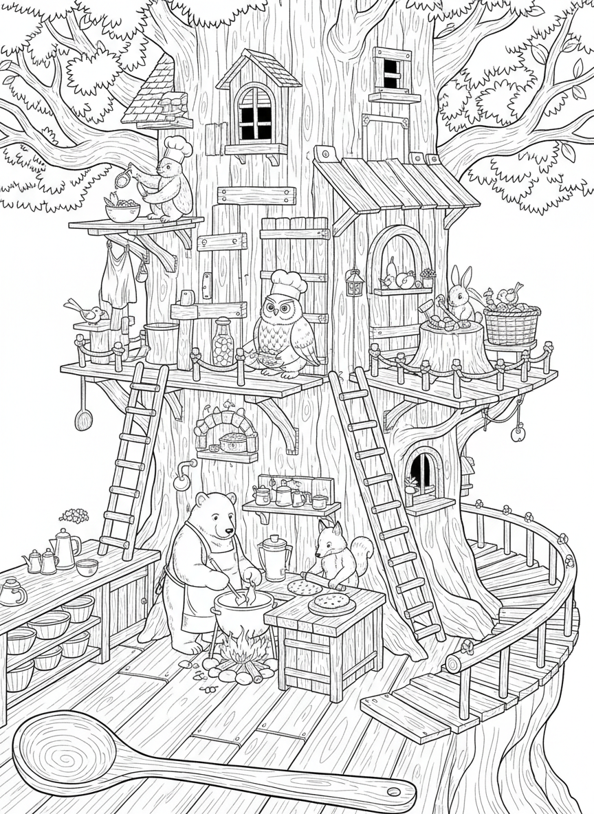 An elaborate treehouse kitchen with multiple levels connected by small ladders, various animals cooking different dishes together.