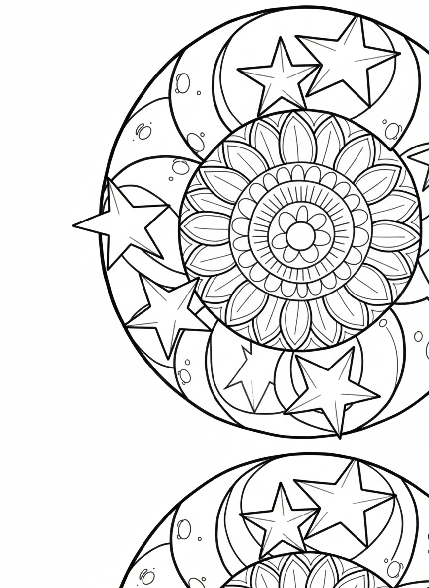 An easy mandala design with big crescent moons and stars alternating around the center, simple and clear outlines