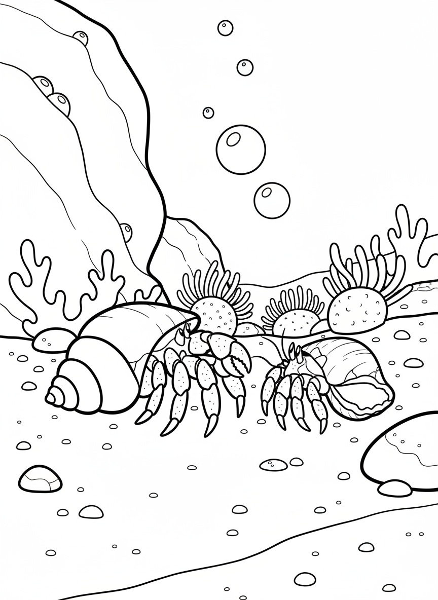 A hermit crab switching shells, with an empty shell nearby and the crab between them, simple educational scene for young learners.
