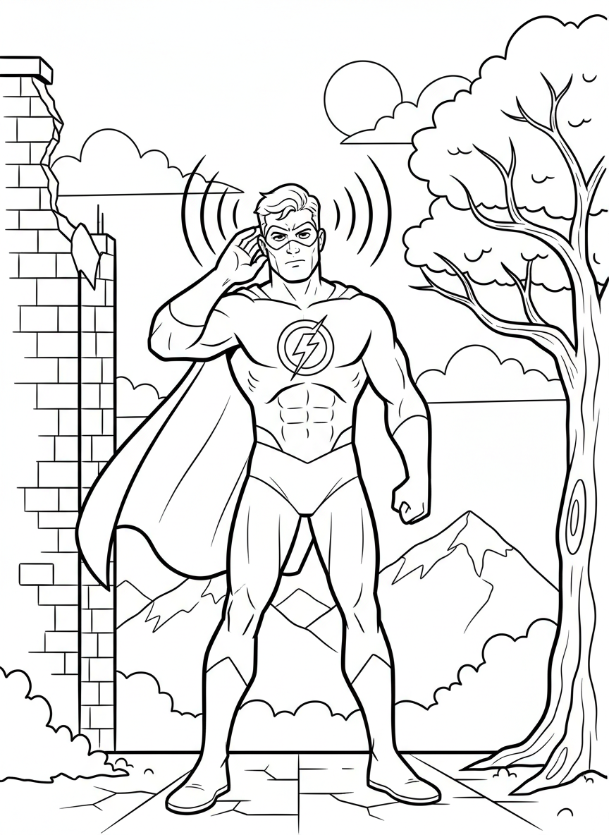 A superhero with super hearing cupping their ear, listening carefully, sound wave lines illustrated around their head