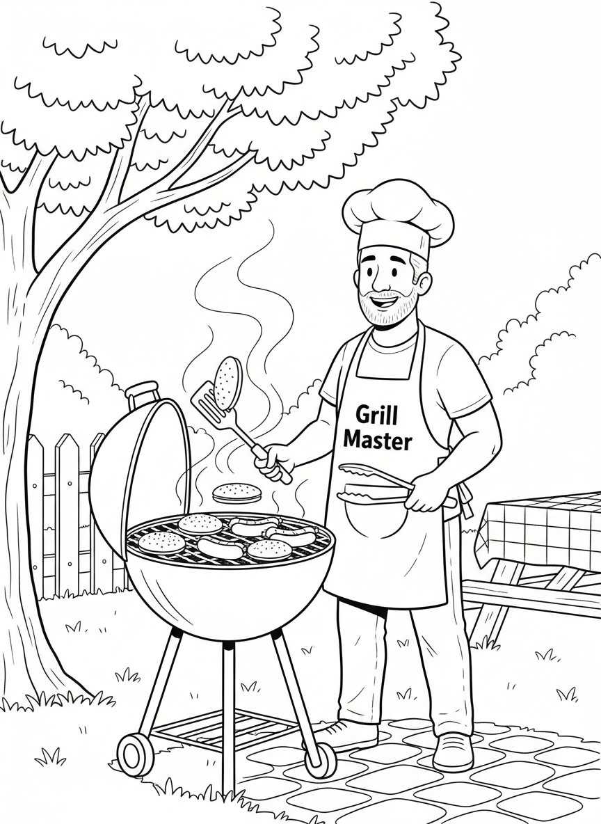 A smiling dad flipping burgers on a large BBQ grill while wearing an apron that says 'Grill Master'.