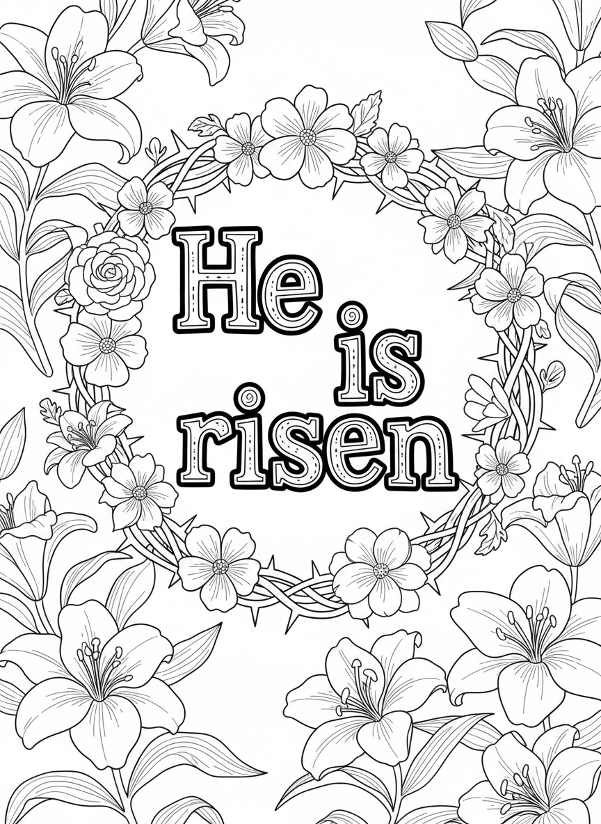 A crown of thorns transformed into a crown of flowers, with 'He is risen' text in celebratory letters surrounded by Easter lilies.
