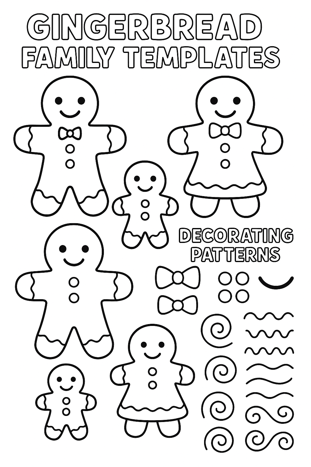 Gingerbread family coloring templates: man woman children shapes, decorating patterns (buttons, smiles, bow ties, dresses), icing swirl designs, thick outlines, multiple sizes on page for crafts
