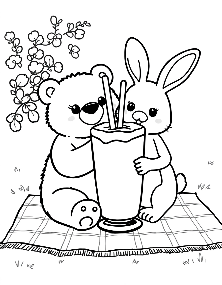 Two cute animals (like a bear and a bunny) sitting on a picnic blanket sharing a giant milkshake with two straws.