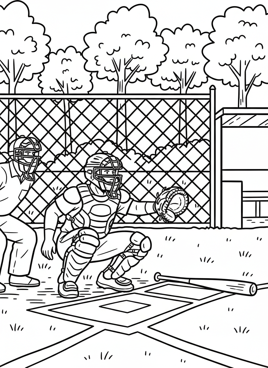 A baseball catcher in full gear crouching behind home plate, mitt ready to catch, with protective mask and chest protector clearly outlined.