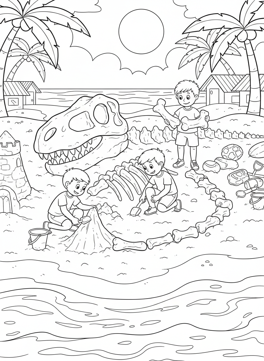 Kids making a sand dinosaur skeleton with bones arranged in the sand, complete with a skull and long tail.