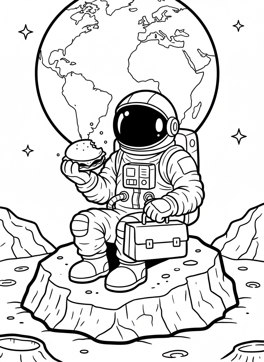 An astronaut having a picnic on the moon with a lunchbox, sitting on a moon rock with Earth in background