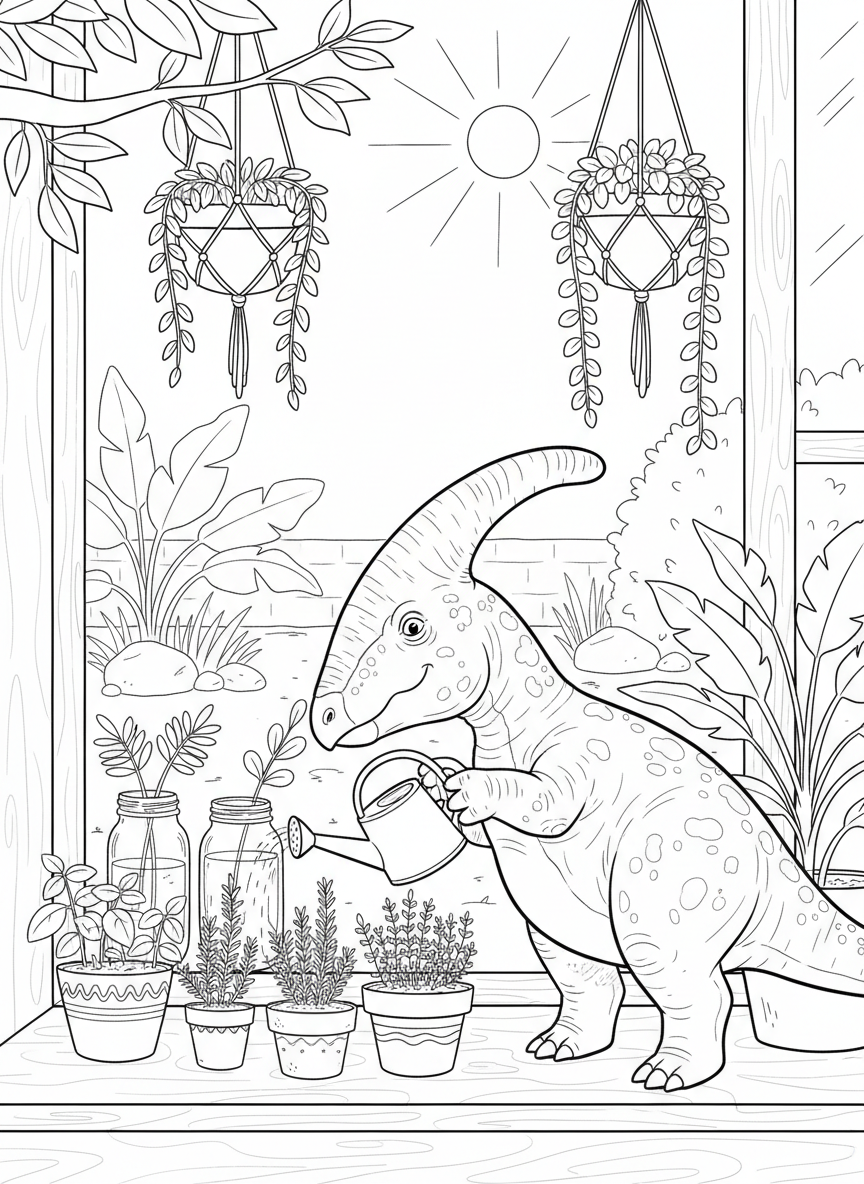 A Parasaurolophus watering potted herbs on a sunny windowsill with mason jars and hanging plants, simple garden scene.