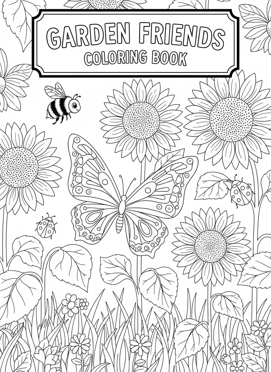 Garden friends coloring book cover, full-color illustration with butterflies, bees, ladybugs, and sunflowers in a sunny meadow. Title-safe area at top.