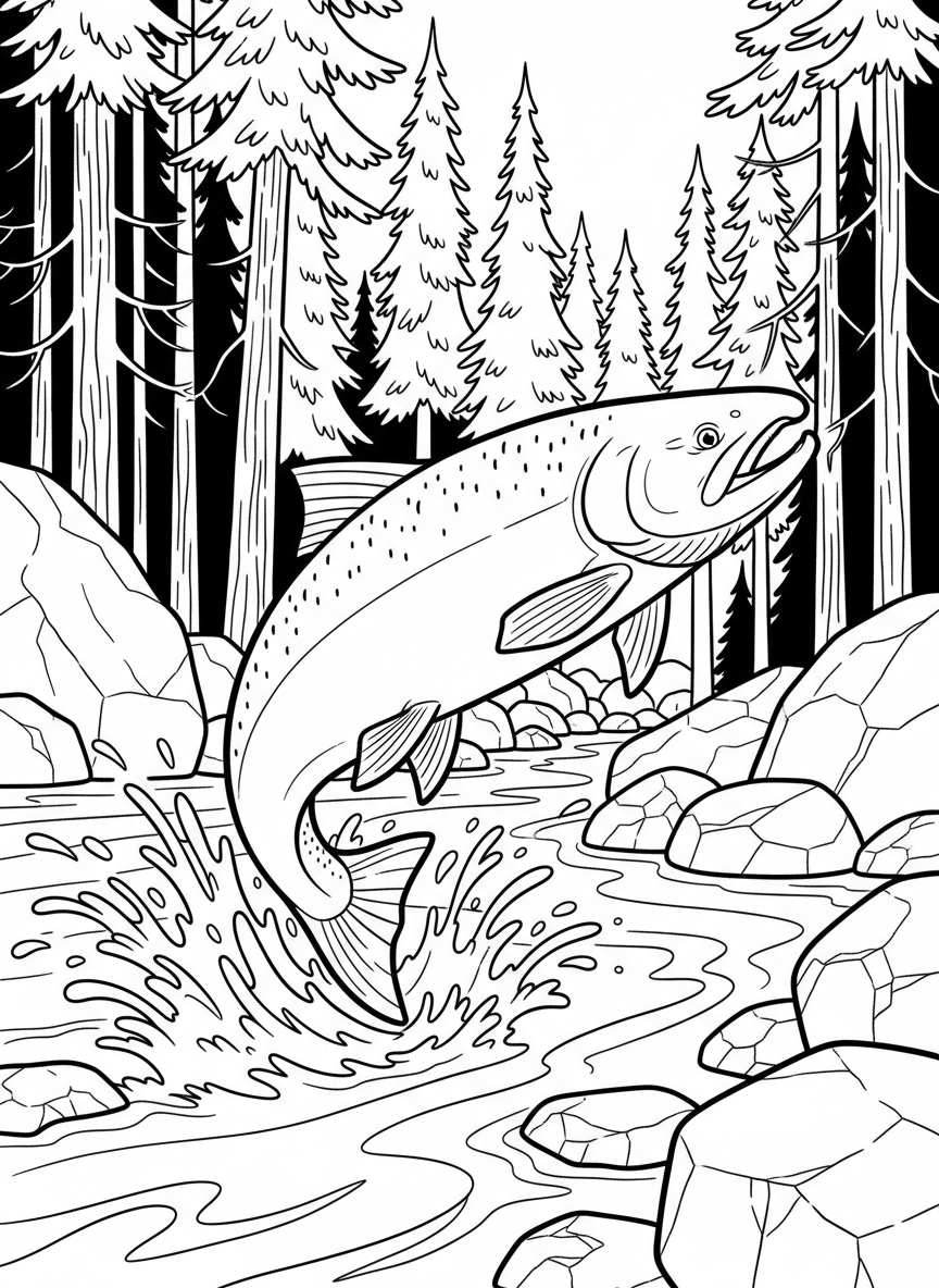 A salmon swimming upstream through a Pacific Northwest river with rocks and trees along the banks, nature-themed coloring page.
