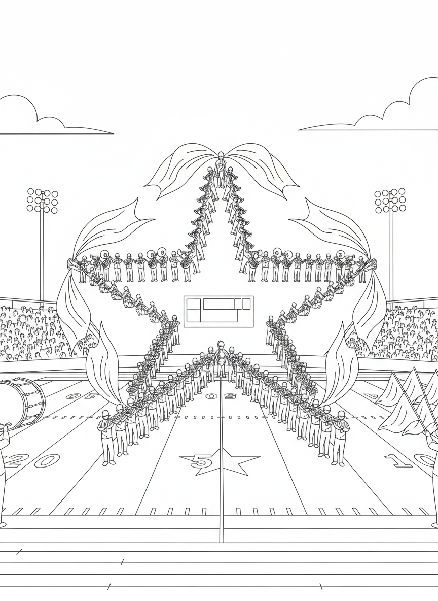 The marching band forming a star pattern on the field during halftime, with instruments raised and flags waving.