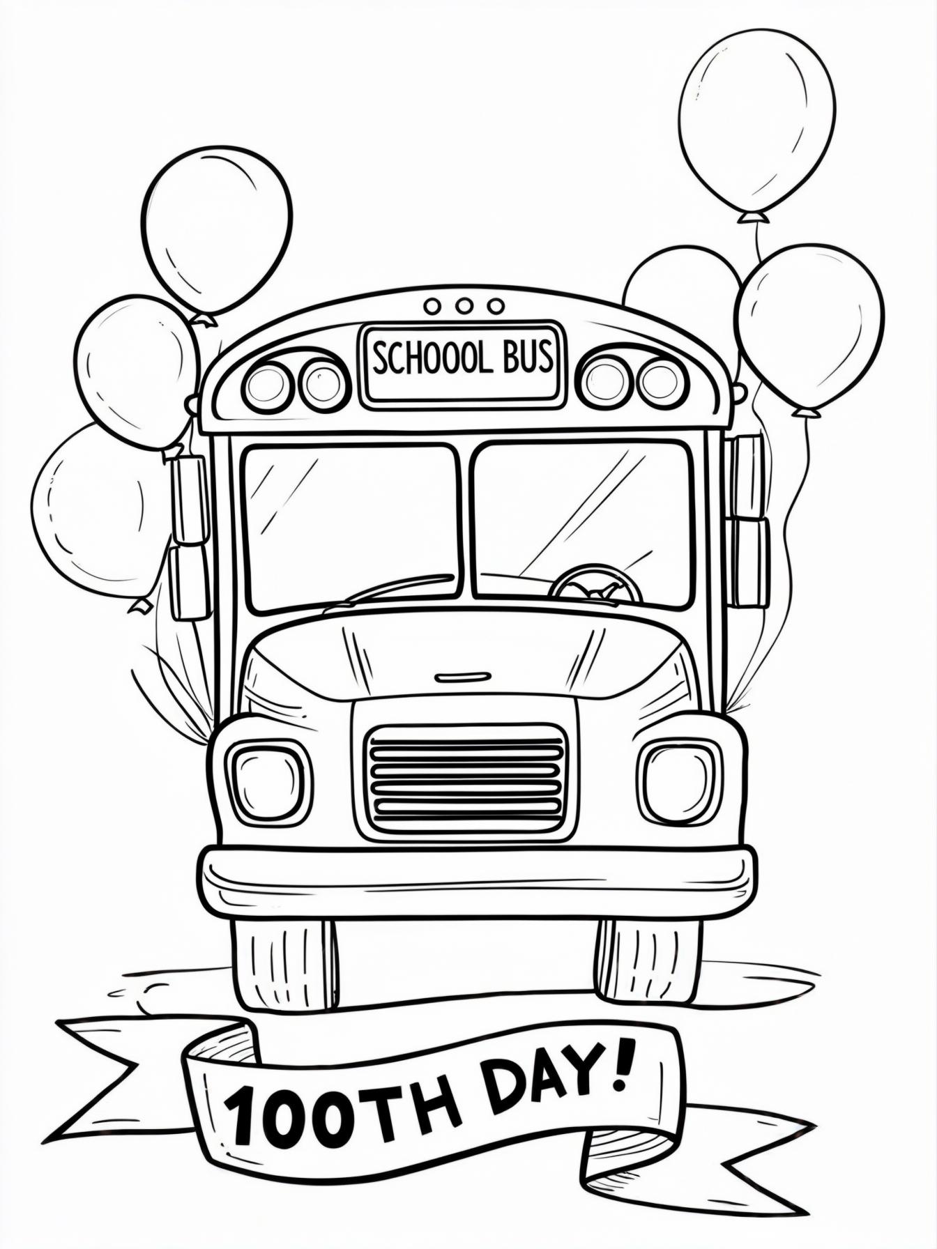 100th Day of School: School Bus Celebration: A school bus driving through a banner ribbon that says "100th Day!", with balloons streaming out the windows.