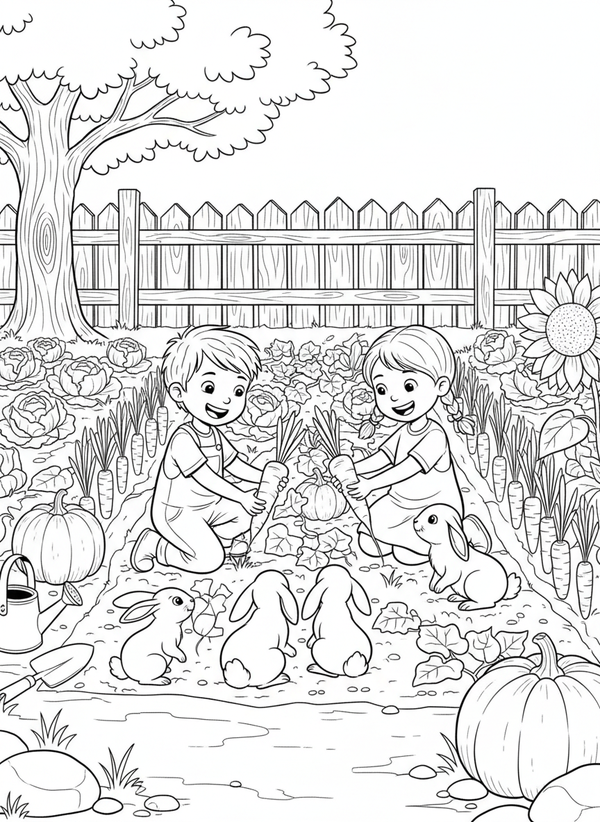 Children feeding carrots to a group of friendly rabbits in a vegetable garden with rows of plants.