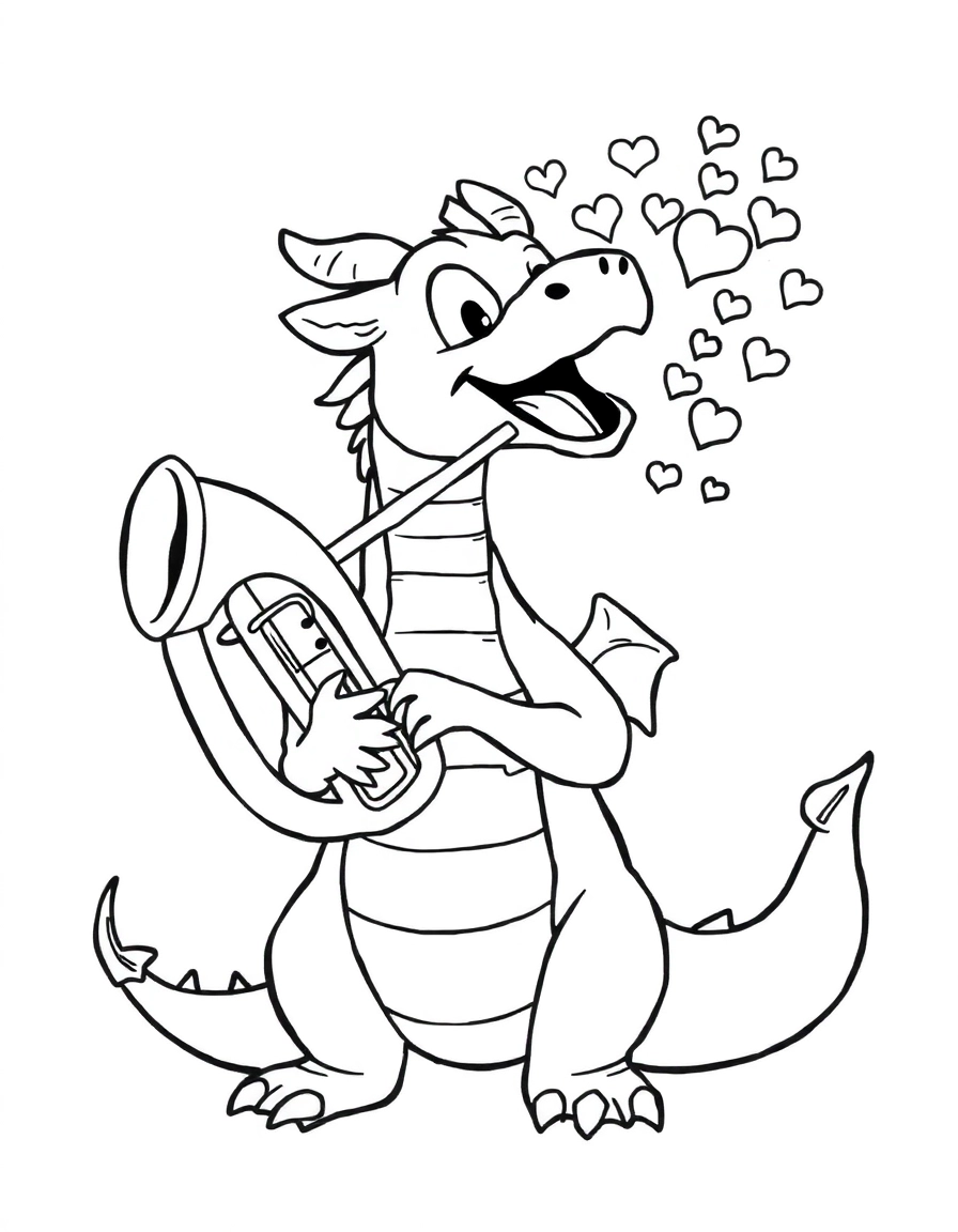 Musical Dragon: A dragon playing a large tuba, but instead of musical notes coming out, lots of bubbles in shapes of stars and hearts are floating from the horn.